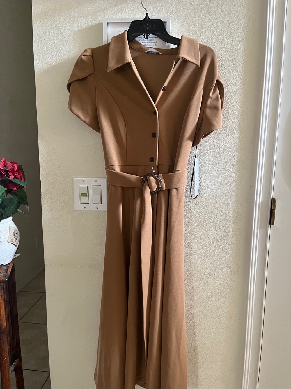 Calvin Klein Camel Button-Front Midi Dress with Belt